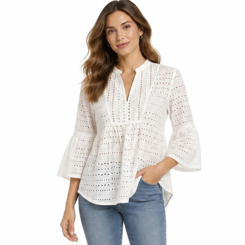 Loft Blouse Womens XS White Eyelet Bell Sleeve Lightweight Pullover